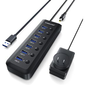 Lemorele 7-in-1 15W USB 3.0 Powered Hub w/2 Charging Ports (5V 1.5A), Individual LED On/Off Switches, 5Gbps Data Transfer, Anti-Slip & Thermal Design, Slim & Portable, No Driver Needed - 3.28ft Cables