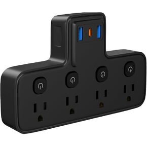 موسع منفذ توصيل متعدد القابس Colstar ， Surge Protector Power Strip 4 AC Outlets Extender مع 2 USB شاحن الجدار و 1 PD20W USB C ، 1875W 15A Extender ، Black