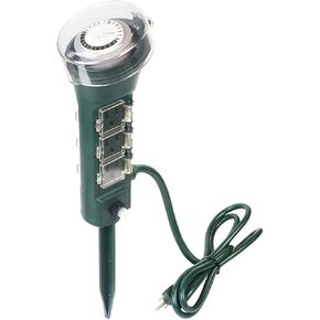 Clear Power Outdoor Power Strip Yard Stake Programmable Mechanical Timer, 6 Grounded Outlets - 6 ft Cord, Weatherproof for Outdoor Lamps Lights Ponds Christmas Lights DCOT-0007-DC