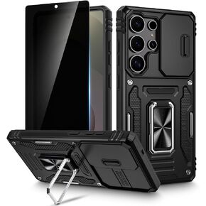 Maxdara for Galaxy S25 Ultra Case, with Slide Camera Cover & Built-in Rotating Kickstand Ring & 1 Pack Privacy Screen Protector Stand Phone Case for Samsung Galaxy S25 Ultra 6.9 Inch, Black