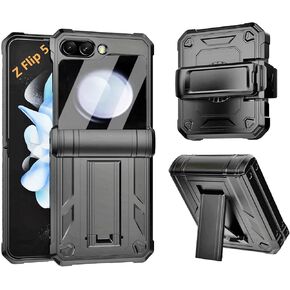 KJSK for Samsung Galaxy Z Flip 5 Case,Hinge Protection Belt Clip Holster and Built-in Kickstand, Military Grade Heavy Duty Shockproof Protective Phone Cover for Galaxy Z Flip 5 5G (Black)