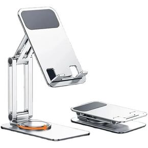 Tablet Stand A&B, Phone Holder, Adjustable Stand Fits, Aluminum Desktop Holder with Non-Slip Base with Silicone, Foldable and 360 Degree Rotation, and Lightweight, (Silver)