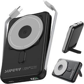 SUPERV magnetic power bank,20W PD fast charge,10000mAh,wireless charger,built-in USB C/Lightning Cables,Foldable Stand,battery packs,for iPhone16/15/14/13/12/mini/pro/pro max/apple watch/Airpods,Black