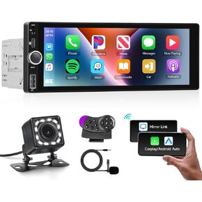 Hodozzy Single Din Car Stereo with Wireless Apple CarPlay/Android Auto, Car Radio Bluetooth Handsfree 6.86 Inch IPS Touch Screen 1 Din Mirror Link FM/EQ/AUX/USB/SWC/Type-C Fast Charging with Camera