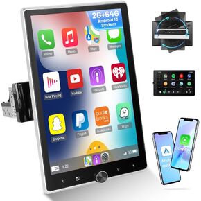 [2G+64G] Single Din Android Car Stereo Rotatable 10.4 inch Vertical Touch Screen Radio with Carplay/Android Auto/EQ Audio/Bluetooth/SWC/FM RDS Radio +AHD Backup Camera