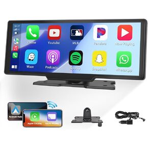Wireless CarPlay Android Auto, Dash Mount Portable 10.26-Inch FHD Touch Screen Car Stereo Drivemate Car Buddy with Voice Control, Mirror Link, Dual Bluetooth, FM, TF Input, AUX Input