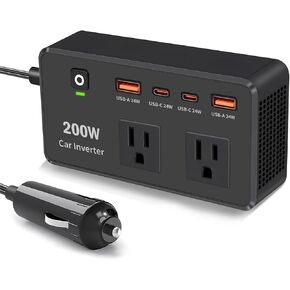 200W Car Power Inverter 12V to 110V AC Vehicle Converter Cigarette Lighter Charger Laptop Charger with 24W USB/Type-C Port Outdoor Travel Essentials
