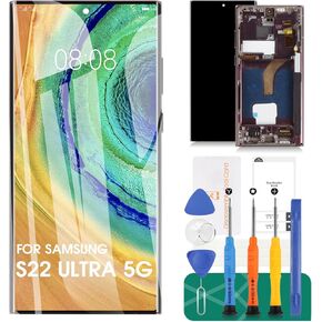 OLED for Samsung S22 Ultra 5G Screen Replacement for Samsung Galaxy S22 Ultra 5G LCD Display SM-S908 SM-S908B Digitizer Touch Screen Assembly with Frame US Version Burgundy Red (with Fingerprint)