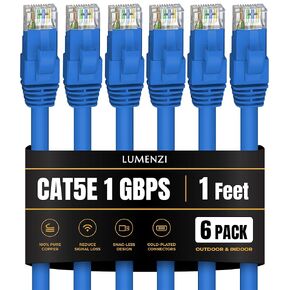 Cat 5e Ethernet Cable 1 FT in Blue 6 Pack 1 Gbps Speed Network Short Round Rj45 Outdoor Indoor Direct Burial Bare Copper LAN Patch Cable for Router Gaming PS5 XBOX Printer Computer CCTV Switch