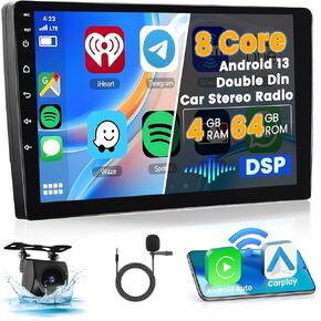 [8-Core 4+64G] Hikity Android 13 Double Din Car Radio Stereo Wireless Carplay Radio Android Auto, 10.1 Inch Touchscreen Android Head Unit GPS Navi System WiFi BT DSP 32EQ
