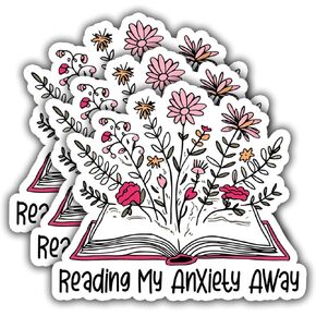 (3Pcs) Reading My Anxiety Away Sticker, Funny Quotes Vinyl Stickers Decorate for Water Bottles, Books, Laptops, Phones, Tumblers, Size 2.8 x 3 Inch