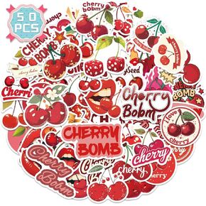 50 Pcs Cherry Stickers, Cute Fruit Stickers, Cherry Bomb Stickers, Red Aesthetic Vinyl Waterproof Stickers for Water Bottles Laptop Cellphone Suitcase Skateboard Guitar
