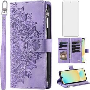 Asuwish Phone Case for Samsung Galaxy S24 FE 5G Wallet Cover with Tempered Glass Screen Protector Wrist Strap Lanyard Mandala Flower Leather Flip Zipper Cell S 24 EF S24FE 24S Women Men Purple