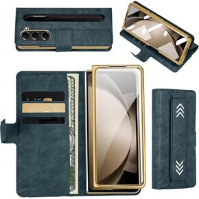 Samsung Galaxy Z Fold 5 Wallet Case, RFID Blocking, 3 Card Slots, Cash Slot, S Pen Holder, HD Tempered Glass Screen Protector, Premium Leather, Magnetic Closure, Kickstand & Wrist Strap(Green)