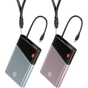 2-Pack Portable Charger, 22.5W PD Fast Charging 10000mAh Power Bank with Built-in Cable for Travel, USB C in&Output Slim Hands-Free Battery Pack for iPhone 16/15/14 iPad Samsung S24 etc