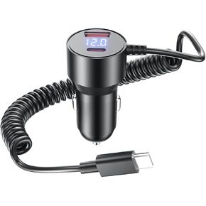 66W USB C Car Charger Fast Charging PD & QC3.0 Car Charger for iPhone 16 Pro / 15 Pro Max with 4.9FT 30W Type C Coiled Cable Type C Car Charger Adapter for iPad Galaxy S24 Android 1.5M