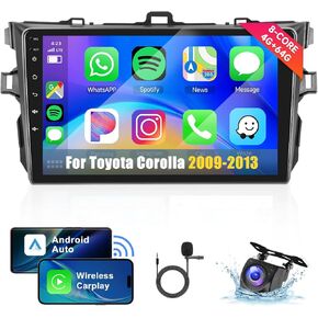 8Core 4+64G Car Stereo for Toyota Corolla 2009-2013 Wireless Carplay Android Auto,9" 1280 * 720P IPS Touch Screen Radio, Android/GPS/WiFi/32EQ 𝐃𝐒𝐏/59UI/Bluetooth5.0/SWC/Backup Camera&Mic