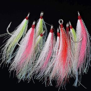 Bucktail Teasers Fishing Hooks Saltwater Flounder Rig Fishing Hooks Stainless Steel Bucktail Mylar Teasers Inserted for Catfish Cod Flounder Hi/Lo Rig 3 Colors