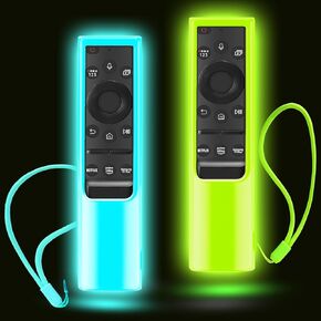 2Pack Cover for Samsung Solar Remote, Case Compatible with Samsung Smart TV Remote Control Glow in The Dark Universal Silicone Skin Sleeve with Lanyard Green Blue