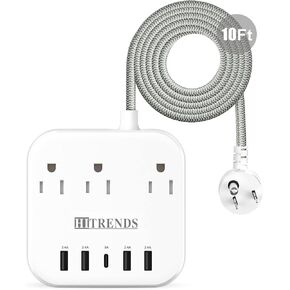 Power Strip, HITRENDS Surge Protector with 3 Outlets 4 USB Ports & 1 Type-C Port (5V/3A), Angled Flat Plug, 10ft Braided Extension Cord & ETL Listed Power Outlet for Cruise Ship Travel Home Office