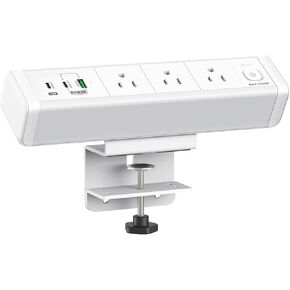 65W Desk Clamp Power Strip, Desk Fast Charging Station, Desk Mount Charging Station, with 2 PD USB-C Ports, 3 AC Outlets，Overload Protection Switch,6ft Cord, Desk Outlets for Home Office (White)
