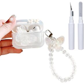 Fycyko Compatible with AirPods Pro 2 Case with Girls Cute Clear Glitter Butterfly Flowers Design Soft TPU Cover Case+Butterfly Crystal Chain for Airpods Pro 2(2022)-Butterfly