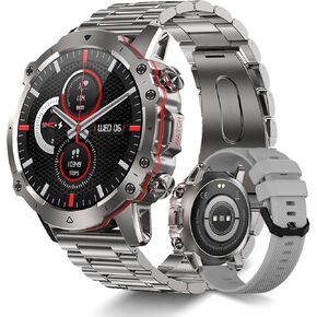 Men's Smartwatch 1.43-inch HD Touch Military All Steel Fitness Sports Watch, Bluetooth Talk, Multiple Sport Modes, IP67 Waterproof, 40mAh for IOS and Android (Steel Silver Red)