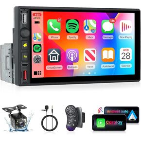 Hodozzy Car Stereo Single Din with Wireless Carplay Android Auto Radio, 7 Inch Car Play Touch Screen with Bluetooth 5.0 FM/RDS Radio,DSP,Mirror Link,USB/Type-C/SWC/Colorful Backlight + Backup Camera