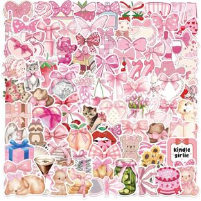 100PCS Coquette Stickers Pink Aesthetic Stickers Pack Cute Bow Tie Stickers for Girls Pink Sticker for Laptop Vinyl Waterproof Stickers Aesthetic Decals