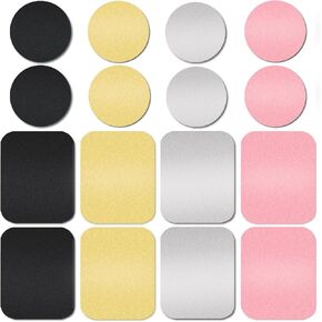 ACKLLR 16 Pieces Phone Car Mount Metal Plate with Adhesive for Magnetic Cradle-Less Mount,Cell Phone, GPS and Tablet Holder, 8 Rectangular and 8 Round, Black, Silver, Gold, Rose Gold