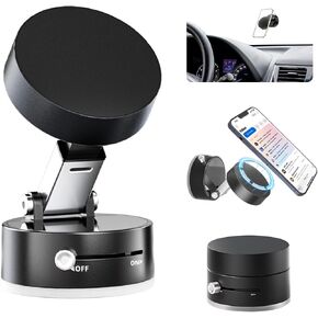 Vacuum Magnetic Phone Holder – 360° Rotatable, Foldable Car Mount with Windshield Suction Cup & Metal Ring Compatible with iPhone, Samsung All Smartphones