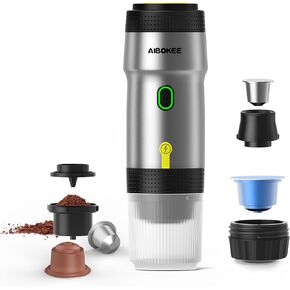 Portable Electric Espresso Machine,Travel Coffee Maker for Camping, Car Coffee Maker Self-Heating with USB-DC,3-in-1 Extraction of 8g Coffee powder,NS and small capsules for RV,Hiking,Office S