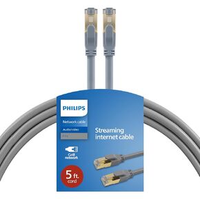 PHILIPS Cat8 Ethernet Cable, Long 5 Ft Cord, 40 Gbps, 2000Mhz, RJ45M Connector, SSTP, for Computer, Game Console, Cable/DSL Modem, Network Switch, Streaming Device, Gray, SWR3523GR/37