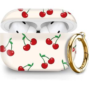 Cute Hard Case Compatible with AirPods Pro 2nd/1st Generation, Protective Cover with Golden Keychain, Fits 2023/2022/2019 Models, for Women, Girls, and Men(Cute Cherry