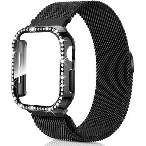 حلقة شبكة مع علبة بلينغ متوافقة مع Apple Watch Band 38mm 40mm 41mm 42mm 44mm 45mm 46mm ، حزام معدني من الفولاذ المقاوم للصدأ مع غطاء لـ Iwatch Series 10 9 8 7 6 5 4 3 2 1 SE in Kuwait
