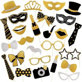 Fumwase 26pcs رأس السنة الجديدة عشية كشك الصور 2025 أسود الذهب ناي حفلة لوازم السنة الجديدة الدعائم لحفل عيد ميلاد رأس السنة الجديدة in Kuwait