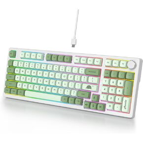 Wired Creamy Gaming Keyboard with Number Pad, 96% Hot-swappable Mechanical Keyboard, Full Layout Custom Keyboard Gasket Mounted with Red Switch Knob Control(Green)
