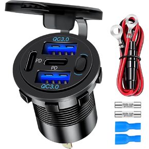 4 Port 12V USB Outlet 78W Multiport USB C Car Charger Socket, Dual PD3.0 & QC3.0 USB Port with Switch, Waterproof 12 Volt Outlet Replacement for Marine Boat RV Golf Cart Truck Tractor