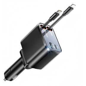 Retractable Car Charger,Type C Fast Car Phone Charger with 120W Power, 2 USB Ports, and Retractable Cables. It’s Compatible with iPhone Models 15/14/13/12/11/iPad and Galaxy Models S23/S22/S10.