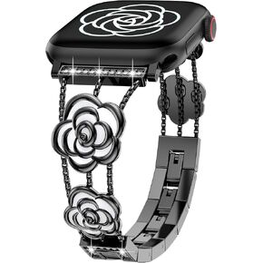 W-RARA Bling Metal Band Compatible with Apple Watch Band 40/44/45/38/41/42/46/49mm Women, Dressy Sparkle Diamond Camellia Bracelet Luxury Strap for iWatch SE Series 10/9/8/7/6/5/4/3/2/1/Ultra(1/2)
