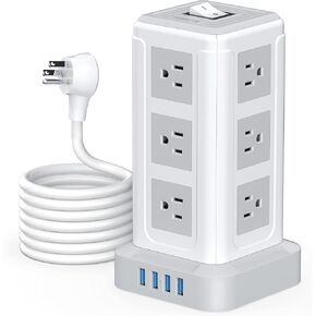 NVEESHOX Power Strip Surge Protector Tower with 12 Outlets 4 USB Ports, 10ft Long Extension Cord Multiple Outlets Flat Plug Power Strips Charging Tower, Overload Protection Fire Proof for Home Office
