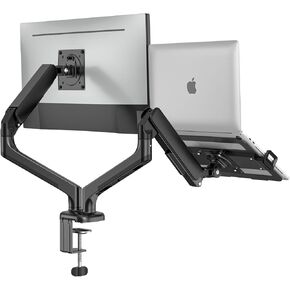BEWISER Dual Monitor Arm with Adjustable Laptop Tray for 10"-17" Laptop,Full Motion Monitor Arm Weight Capacity up to 19.8lbs, Suit for 17-32 Inch Monitor(Black)