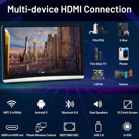 13.3 بوصة 4K Android 11 مشغل فيديو Dual Dual Car مسند للسيارة ، 2G+32G تلفزيون السيارة الخلفية مع WIFI 2.4G/5G ، ودعم شاشة مسند السيارة رابط الاتصال اللاسلكي ، HDMI في+OUT/Bluetooth/FM/USB in Saudi Arabia