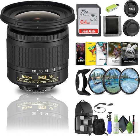 Nikon-AF-P DX Nikkor 10-20mm f/4.5-5.6g VR عدسة تكبير الزاوية العريضة لكاميرات APS-C F-Mount (20067) + 64 جيجابايت من بطاقة الذاكرة + مجموعة مرشح + حقائب الظهر + قارئ بطاقة + كوريل صورة + برنامج + المزيد (متجدد) in Saudi Arabia