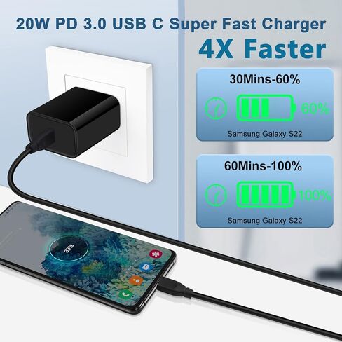Type C Charger Adaptive Super Fast Charger لـ Samsung Galaxy S25/S24 Fe/S23 Ultra/S22/A16/A35/A25/A15/A54/A14/A13/A53/A23/S21/Z مربع شاحن الحائط 6 أقدام و Charroid Charger Cable in Kuwait