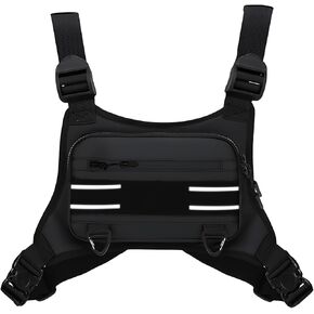 Chest Bag for Men and Women with Extra Storage & Built-In Cell Phone Holder, Lightweight Water-resistant Front Running Vest with Breathable Mesh, Adjustable Chest Pack for Running, Hiking, Cycling, Workouts (Black)
