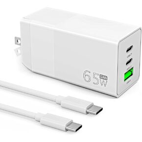 65W 3-Ports GaN USB-C Fast Wall Charger with PD Power Delivery for Laptops, Compatible with MacBook Pro/Air, iPhone 16/15/14/13/12/11, Dell XPS 13, Galaxy S23/S22, Note 20/10+, Ipad/Ipad Pro