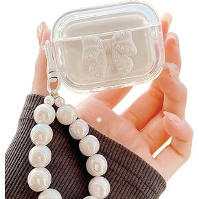 Cute Case Cover Bow Design for AirPods 4 with Pearl Bracelet Keychain for Women Girl,Clear Silicone Soft TPU Shockproof Protective Skin Cover Compatible with Airpods 4th Generation-White
