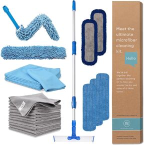 Ultimate Microfiber Cleaning Kit - Dry & Wet Mop for Hardwood, Tile, Vinyl Floors | 12Pack Microfiber Cleaning Cloth | High Duster | Glass Cleaning Cloths | Reusable Mop Pads | Long Telescopic Handle