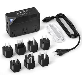 Universal 100V-220V Travel Converter, 250W Travel Voltage Converter for curlers, straighteners, Chargers, Power Plugs with 4 USB Charging Ports and 3 AC Plugs Including A, C, D, G, I, L ，E/F Type